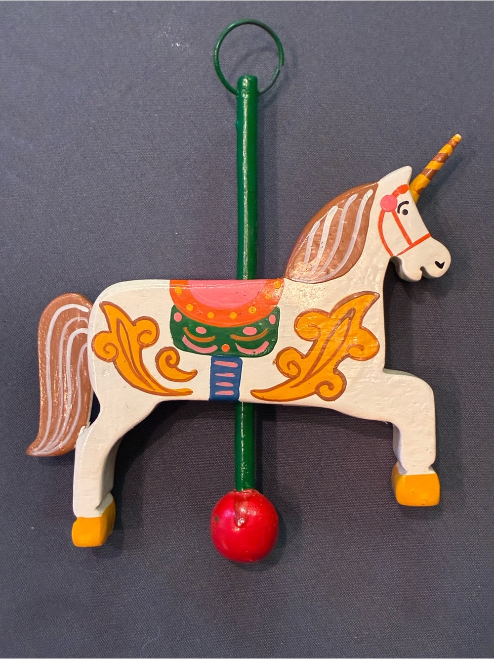 Hand Painted Wooden Carousel White Unicorn Holiday Ornament- Made in Sir Lanka